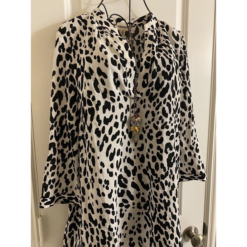 L'AGENCE Women White Black Animal Print V-Neck 3/4‎ Sleeve Tunic Blouse Size S
